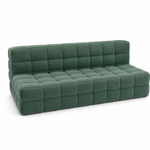 compressed sofa 3 seater in muted green chenille with tufted grid panels and armless boxy profile