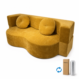 compressed sofa in mustard velvet with curved front edge, low-profile seat, and round bolster back cushions