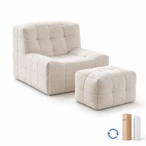 compressed sofa modern two-seat sofa with ottoman in cream sponge fabric and tufted block stitching