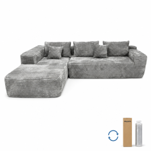 compressed sofa 3-seat fabric chaise sectional with ribbed upholstery and armrests