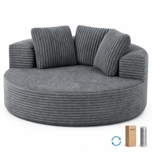 compressed sofa in gray corduroy with rounded wraparound form for apartment, hotel, and lounge interiors