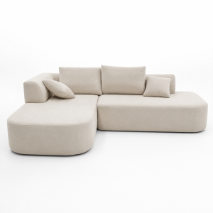 compressed sofa sectional with left chaise in cream fabric, low-profile 2-piece roll-pack design