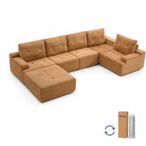 compressed sofa T411 frameless L-shaped fabric sectional in camel tone with medium back and armrests