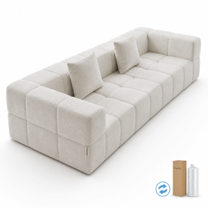 compressed sofa T-026 in off-white fabric with tufted block stitching, three-seat design and armrests