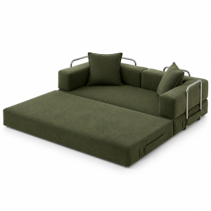 compressed sofa in dark green, low-profile convertible upholstered floor sofa with metal side arms