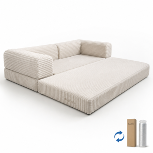 compressed sofa modular 3-seat fabric sectional in cream with channel upholstery and armrests
