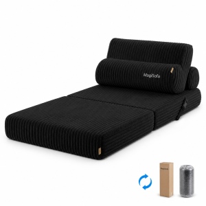 compressed sofa black foldable floor sofa bed with ribbed plush upholstery and cylindrical bolster pillow