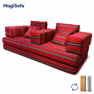 compressed sofa lounge daybed in red striped woven upholstery, 200 x 100 x 70 cm