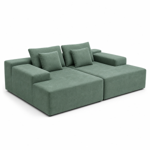 Compressed sofa modular lounge in muted green with deep seat, square arms, and three matching back cushions