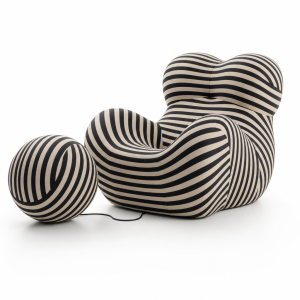 compressed sofa single-seat Mom's Arms lounge chair in black and ivory striped fabric with matching sponge ball