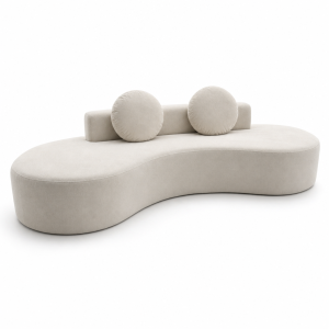 vacuum sofa in cream fabric with curved seat, low back, and round bolster cushions
