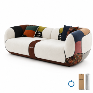 compressed sofa modular fabric sectional set in cream with rounded arms and multicolor accent panels