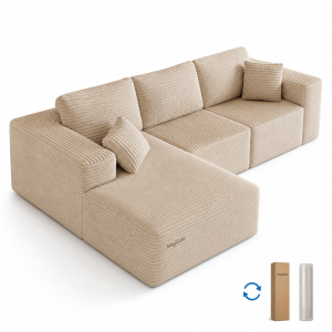 compressed sofa modular L-shape sectional in cream ribbed velvet with chaise and cushion back
