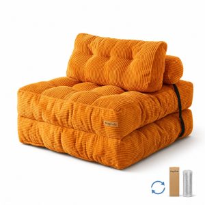 compressed sofa in mustard corduroy, armless floor lounge module with deep tufted channels