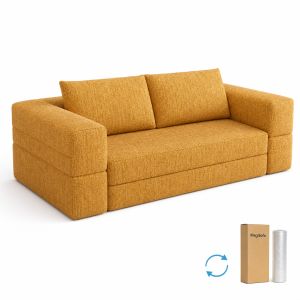 compressed sofa fabric office sofa bed set with wide armrests and mustard woven upholstery